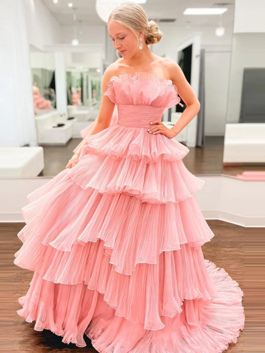 Strapless A-Line Tiered Crinkled Tulle Prom Dress