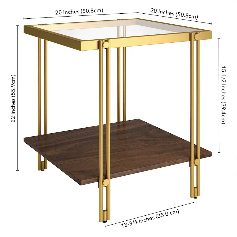 Brass / Blackened Bronze / Brass Walnut Geometric Steel & Glass Side Table – Single