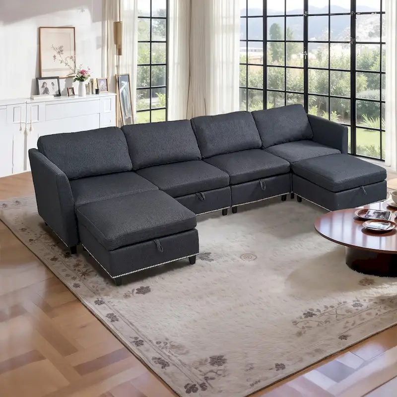 100 Spacious U-Shaped 6 Seater Sectional Sofa with Storage, Reversible Chaise and Comfortable Deep Cushions