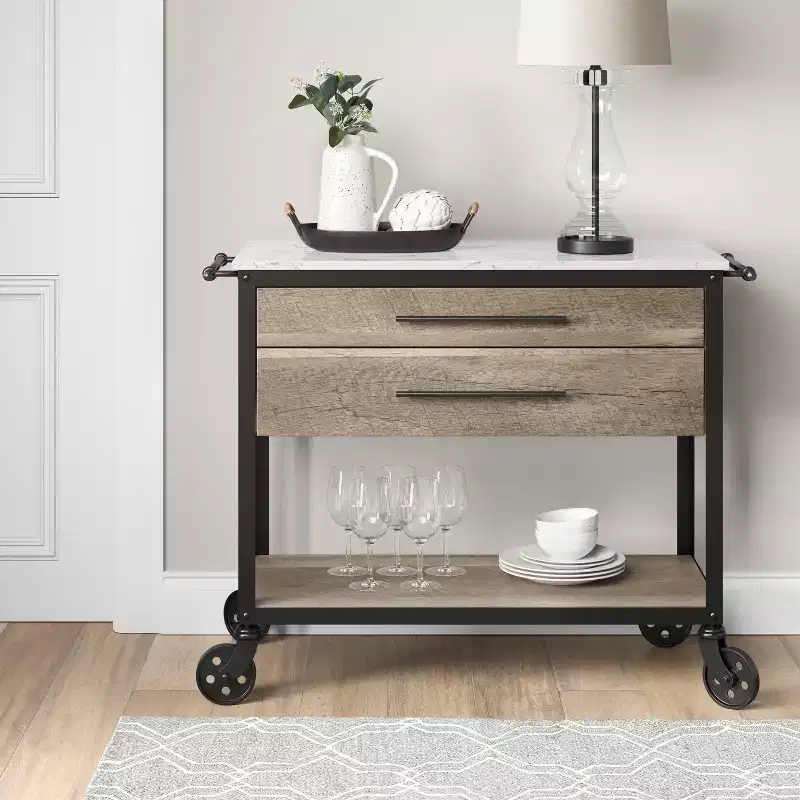 Derry Stone Top Mixed Material Kitchen Island Brown - Threshold™: Solid Hardwood, Storage, Wheels
