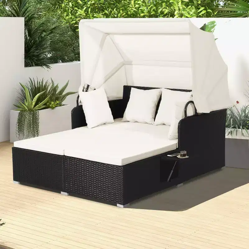 Costway Patio Rattan Daybed Lounge Retractable Top Canopy Side Tables Cushions Off White/Red/Turquoise/Beige
