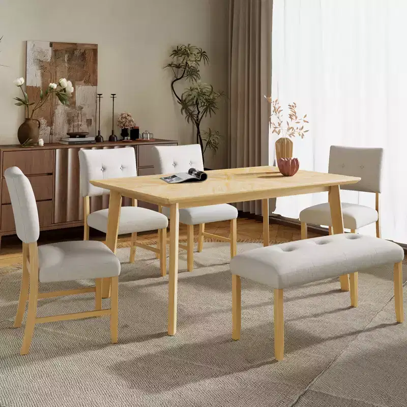 6-Piece Rustic Dining Set with Wood Table, 4 Chairs, and Bench for 6 People