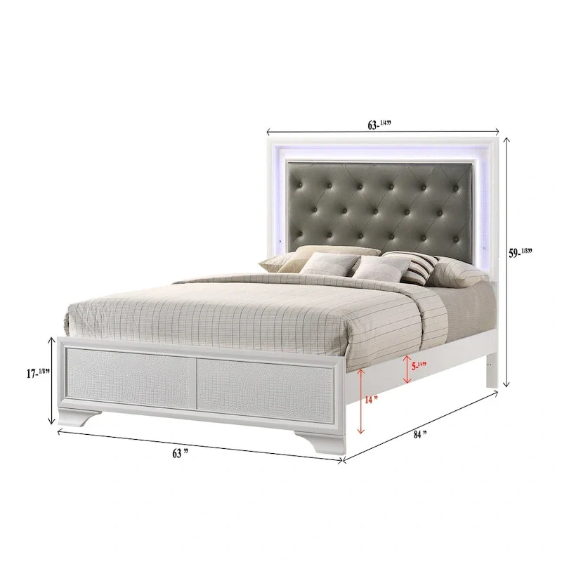 Kym 4 Piece Frost LED Faux Leather Upholstered Tufted Panel Bedroom Set