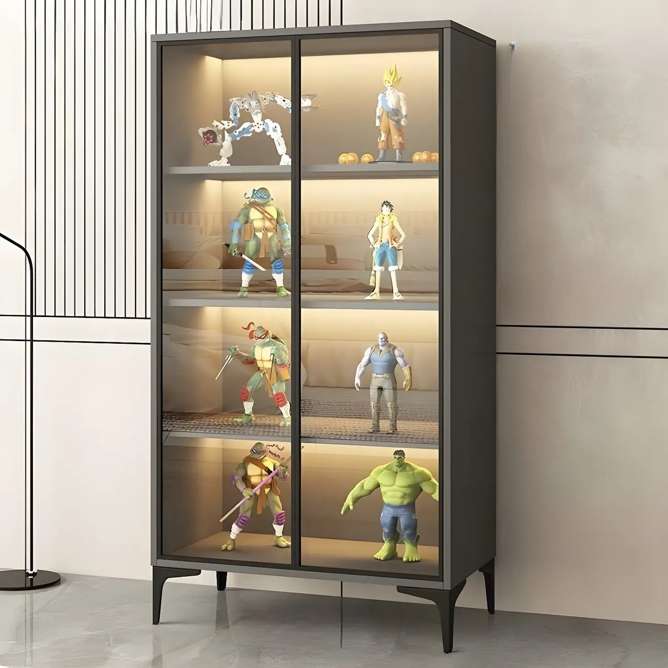 Freestanding Black Tempered Glass Wood Display Cabinet