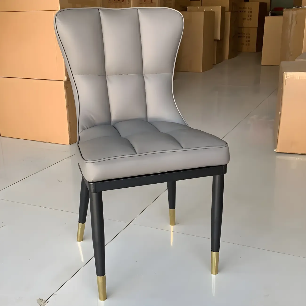 Armless Grey Tufted Leather High Back Dining Chair