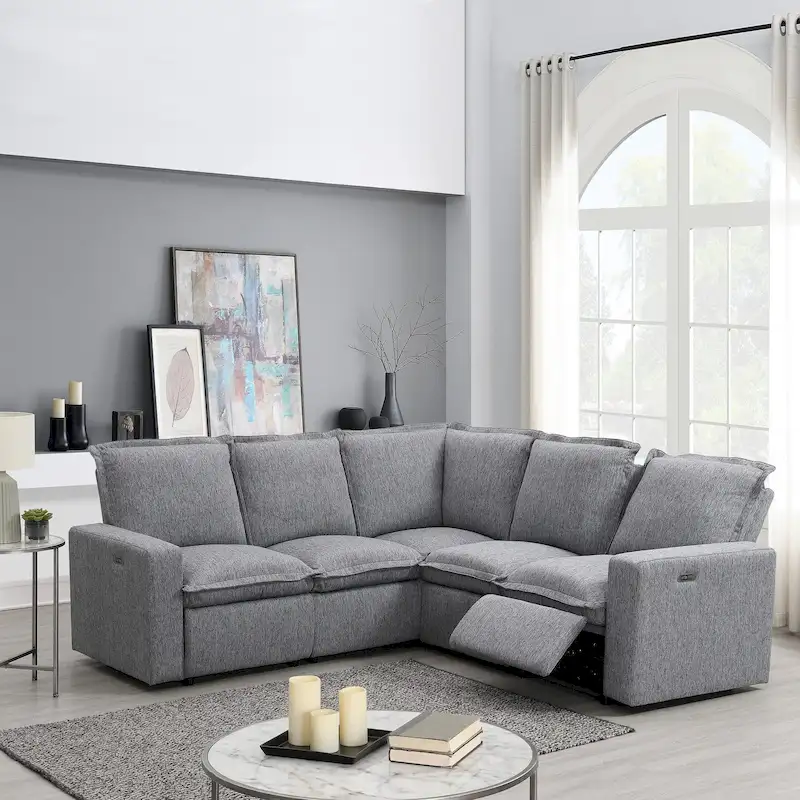 Grey Linen 2-Seat Power Recliner Sectional Sofa with USB