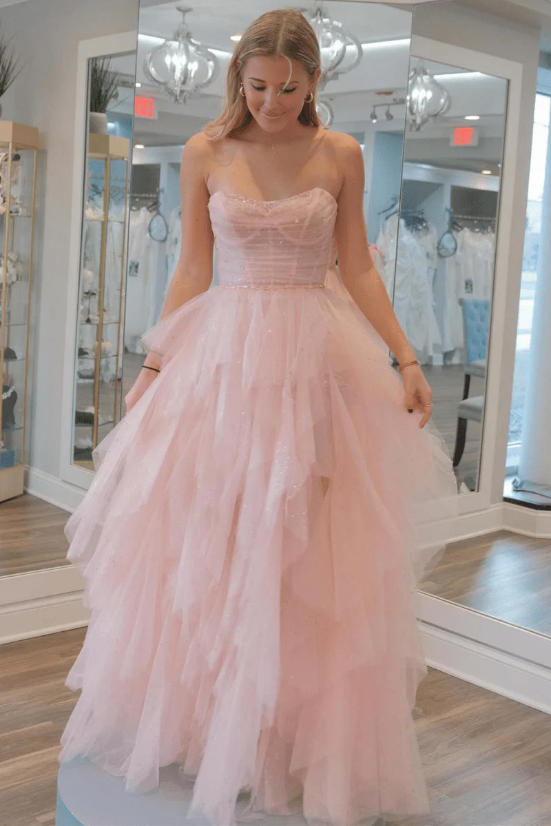 Strapless Blush Pink Sequin Beaded Ruffle Tulle Prom Dress
