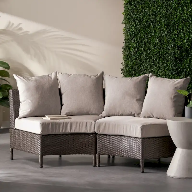 Newton Wicker Outdoor Curved Loveseat Sectional with Cushions by Christopher Knight Home