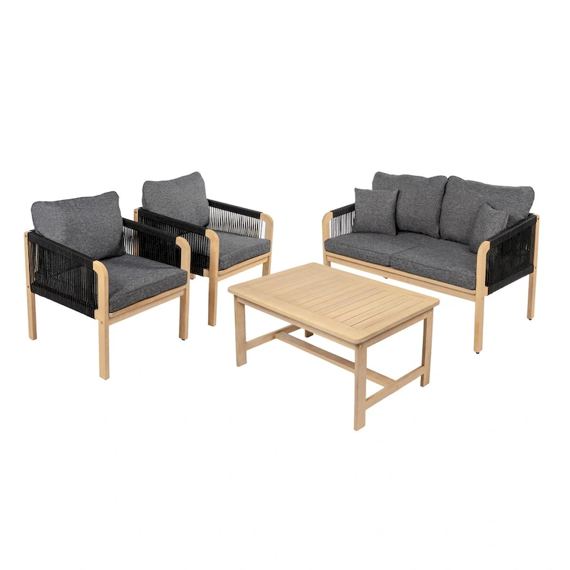 Aveiro 4-Piece Modern Bohemian Acacia Wood Outdoor Patio Set with Cushions and Plain Decorative Pillows, by JONATHAN Y