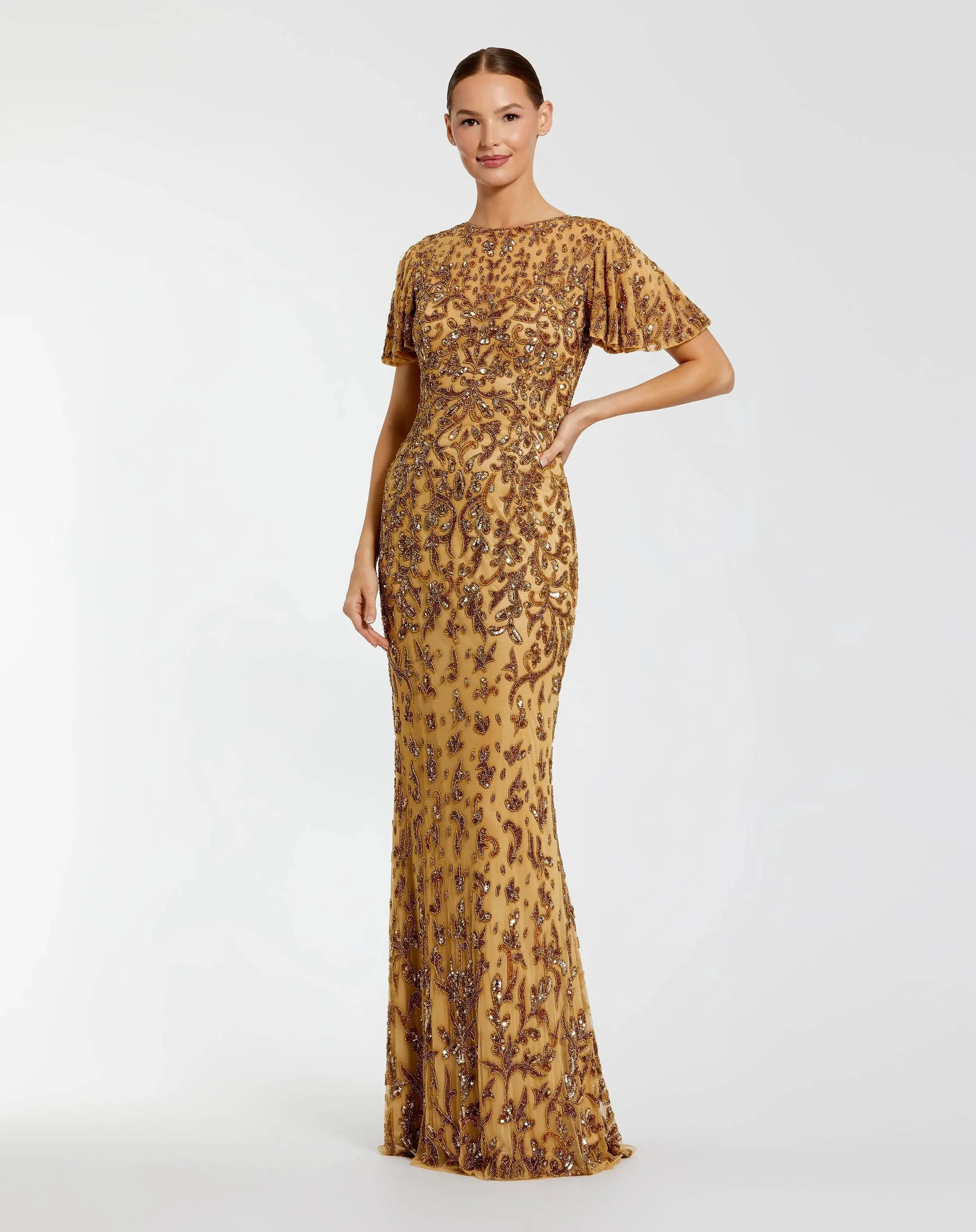 Gold Embellished High Neck Flutter Sleeve Gown