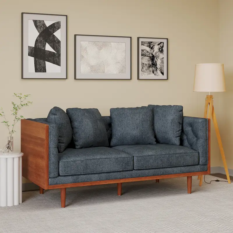 Mid-Century Button-Tufted Loveseat with Accent Pillows, 2-Seat, Dark Walnut Legs