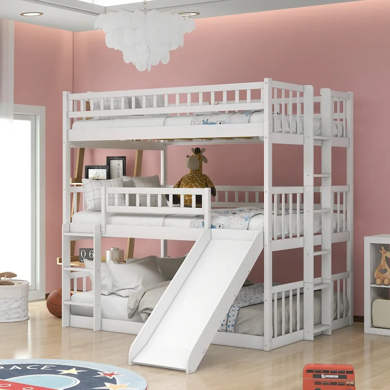 White / Gray / Espresso Full-over-Full-over-Full Triple Bunk Bed with Slide, Sleeps 3