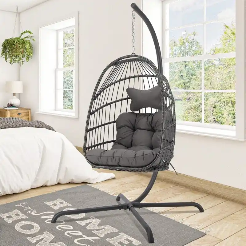 Indoor Royal Oversized Hanging Egg Chair with Stand, 350 lbs Outdoor Egg Swing Chair with Stand, Cozy Egg Chair Swing