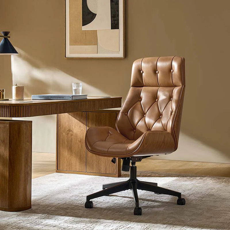 Tufted Bentwood Office Chair with Adjustable Height & Swivel Casters | Camel / Black | Leather or PU | Single Seat