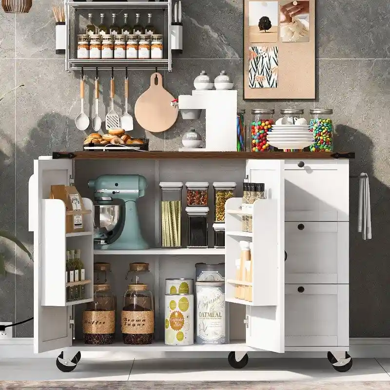 Farmhouse Kitchen Island with Power Outlet, Drop Leaf, Rolling Kitchen Cart