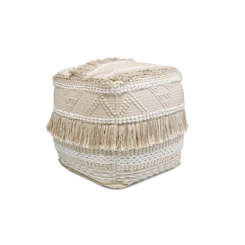 Beige Square Handwoven Cotton Pouf, 1-Person