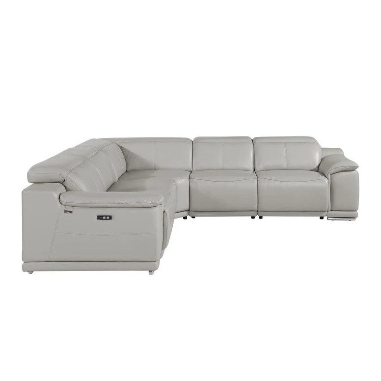 HomeRoots Light Gray Italian Leather Power Reclining U Shaped Five Piece Corner Sectional With Console - 110
