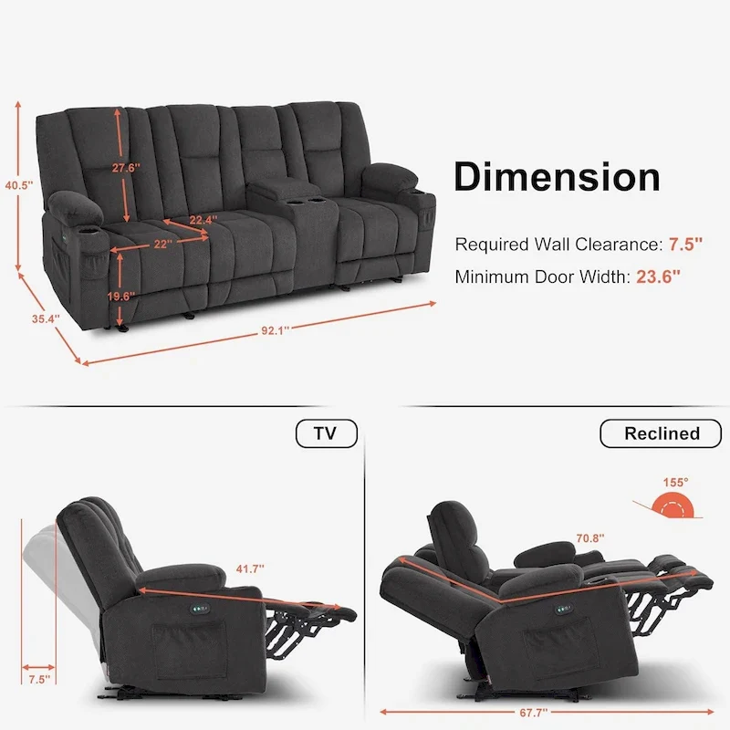 Electric Power Reclining Sofa with Massage and Lumbar Heat, Fabric