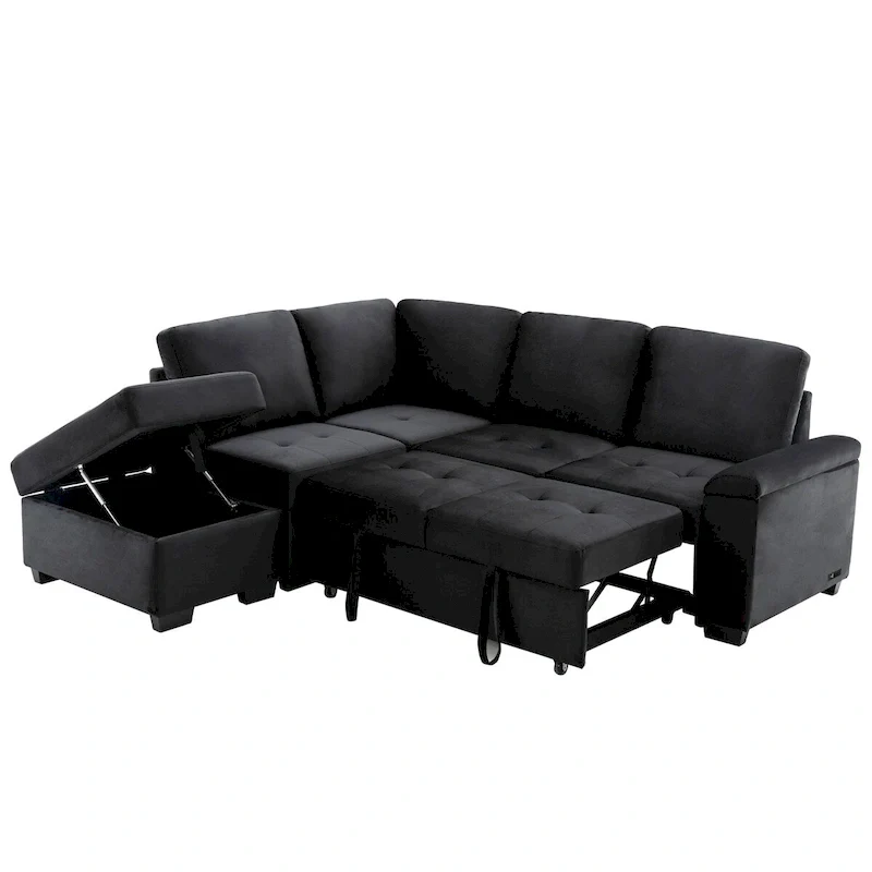 Pull-Out L-Shape Sofa Bed with Wheels, USB Ports, and Power Sockets, Functional Sleeper Sofa for Living Room Comfort