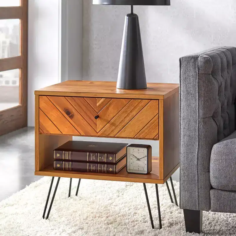 Lifestorey Alexandria 1 Drawer End Table Oak: Acacia Veneer Side Table with Storage Compartment