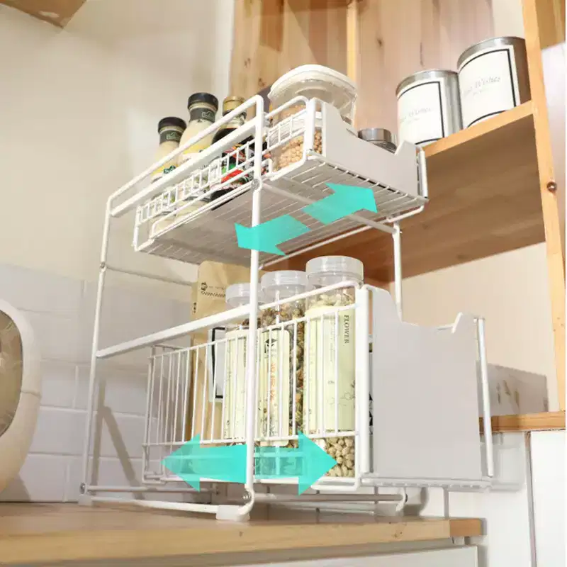 2-Tier Pull Out Cabinet Organizer, Heavy Duty Carbon Steel Slide Out Shelves, No Drilling Damping Guide for Kitchen/Bathroom