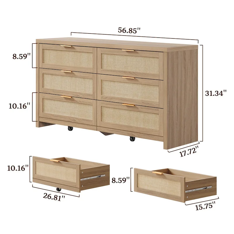 Set of 2 Elegant Right Angled Dresser with 6 Rattan Woven Drawers