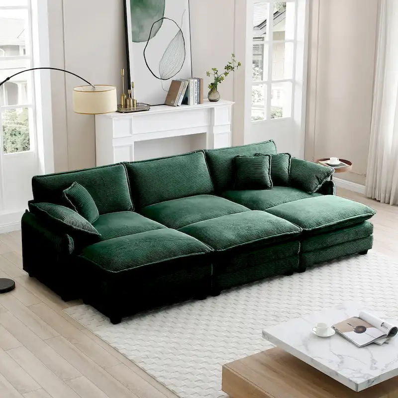 Corduroy Upholstered Modular Sleeper Sectional Sofa with 3 Removable Ottoman and 5 Pillows