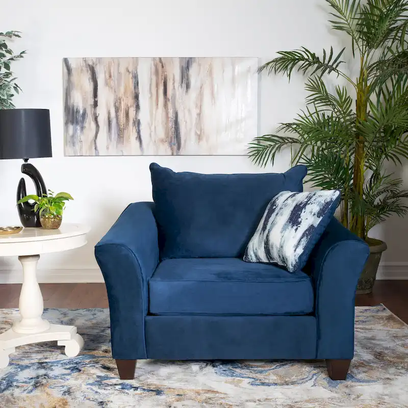 Navy Blue Fabric Chair and Ottoman Set with Pillow