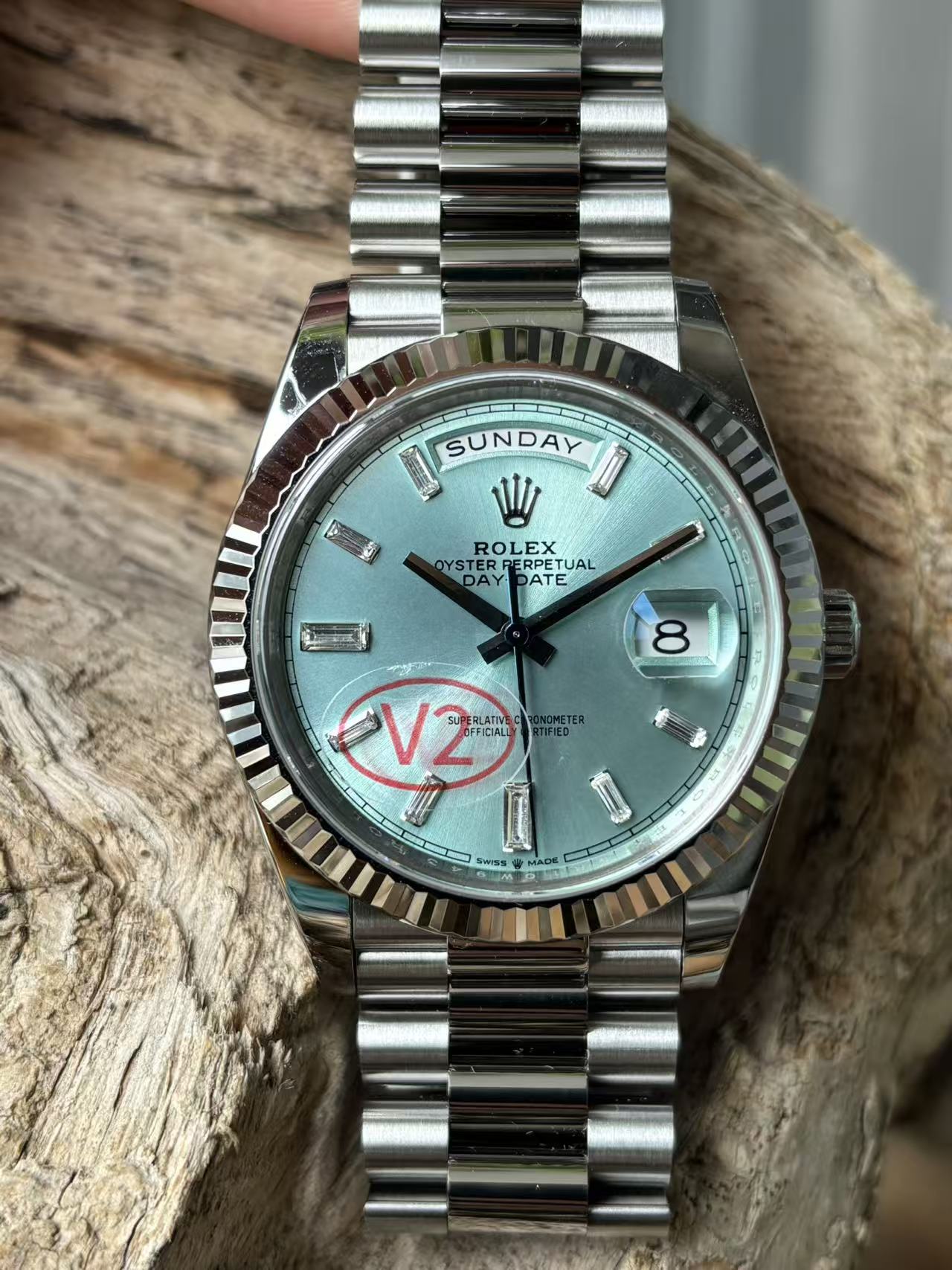 Rolex Day-Date replica full watch with turquoise dial and fluted bezel