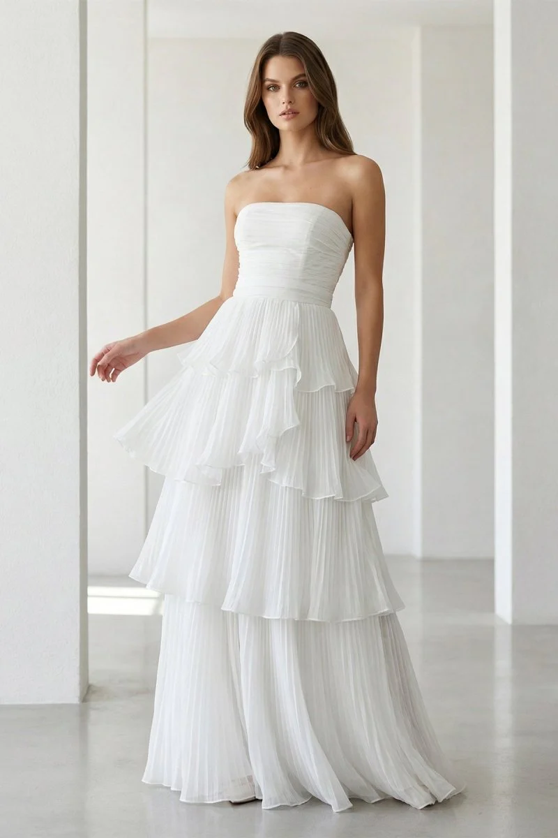 Cute A-Line  Chiffon Strapless Tiered Wedding Dresses