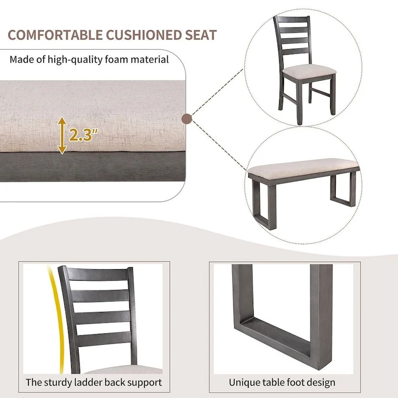 60  Rectangular Solid Wood Dining Table with 4 Upholstered Chairs and Bench