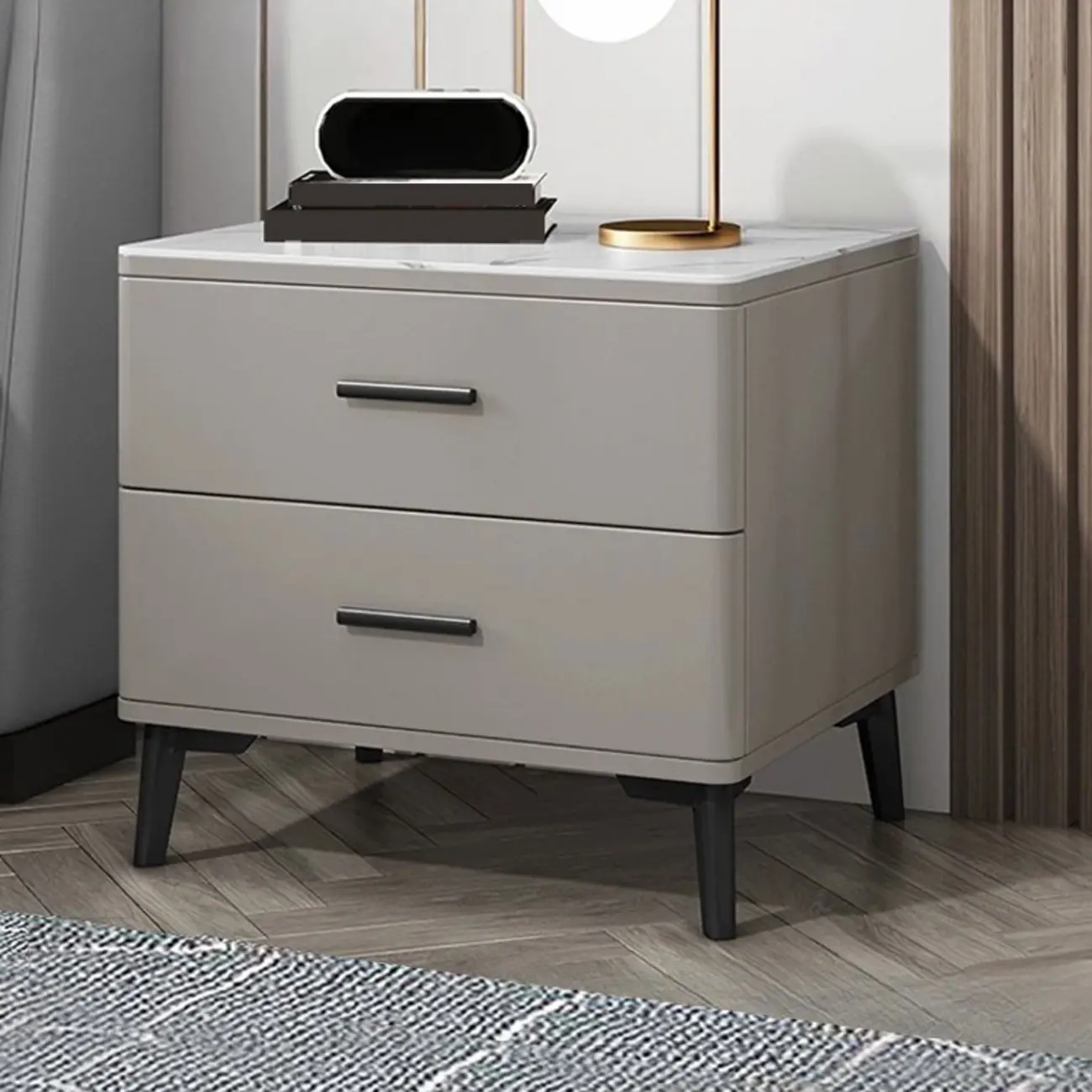 Modern White Stone Top Oak 2-Drawer Nightstand