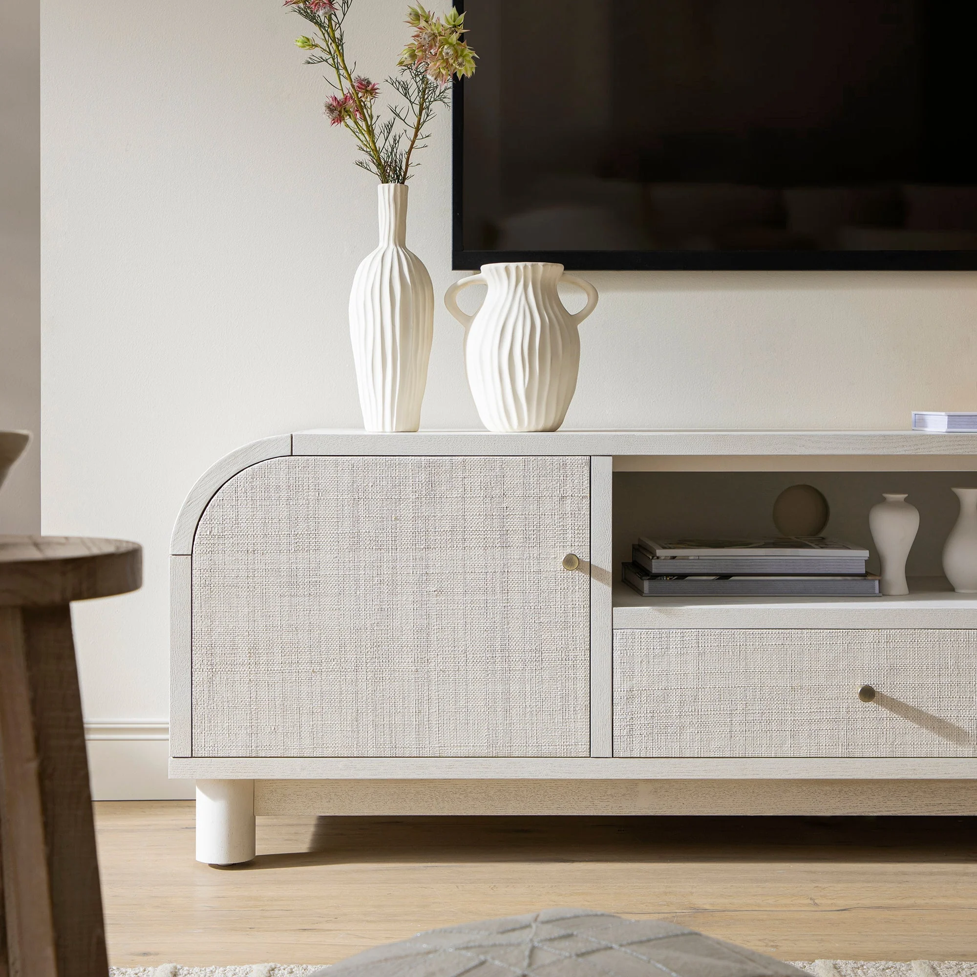 TV Unit, Washed White Ash with Raffia