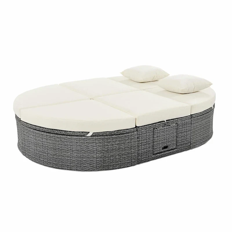 Rattan Patio Daybed with Cushions, Reclining Chaise Lounge, Foldable Trays