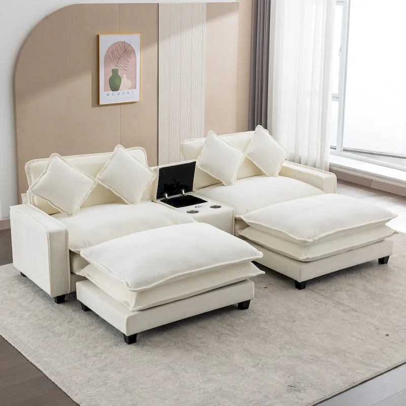 Sectional Sofa with Chenille Upholstery, Removable Ottomans, USB Ports, Cup Holders and Storage