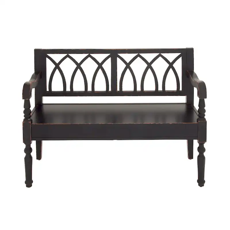 Wood Distressed Bench with Arched Design Back and Turned Legs - Black or White - Roche River Decor