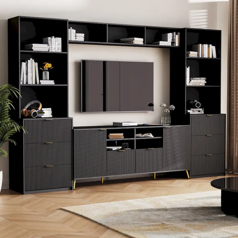 4-Piece Entertainment Wall Unit with TV Stand, Bookshelf & Storage Cabinets – Black, Modern Style, for TVs up to 70