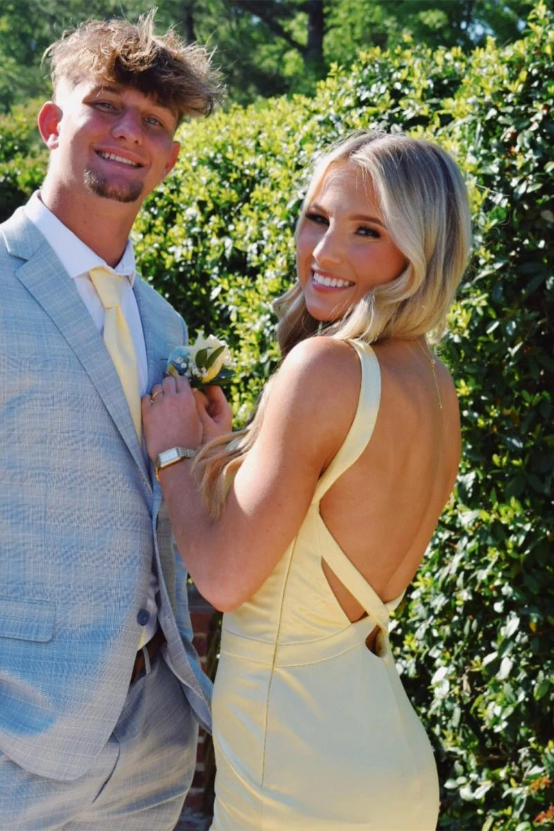 Yellow Mermaid Satin V Neck Long Party Dress