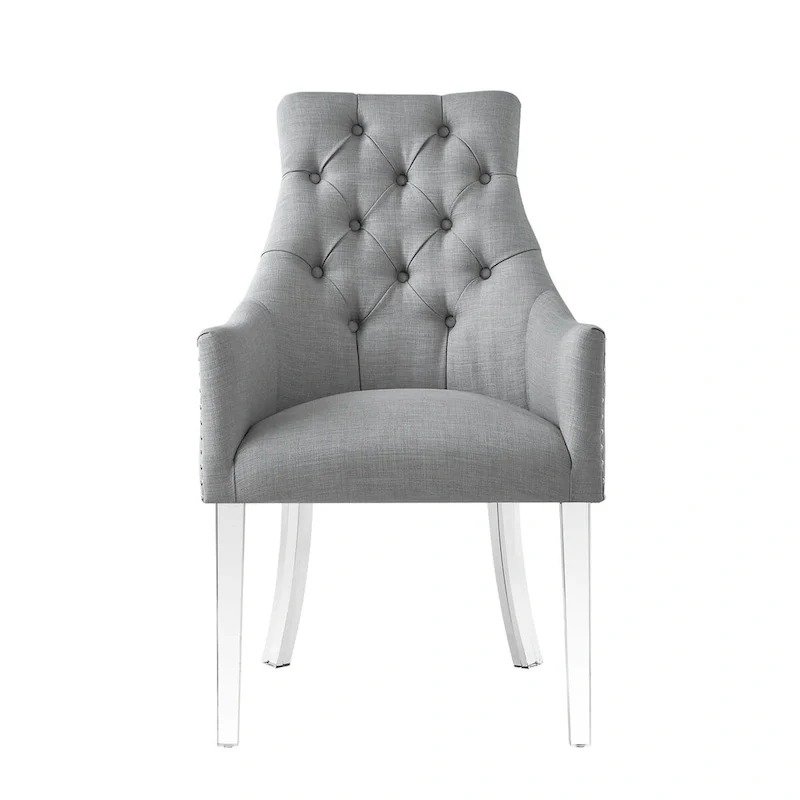 HomeRoots Set of Two Tufted Light Gray and Clear Upholstered Linen Dining Arm Chairs