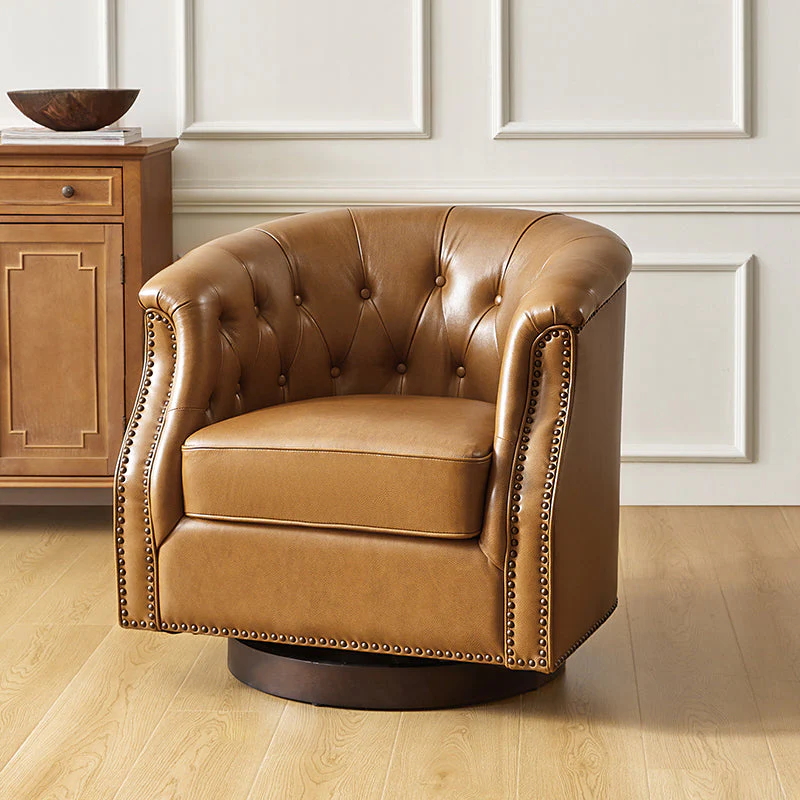 Genuine Leather Button-Tufted Swivel Rocker Accent Chair with Nailhead Trim & Walnut Legs | Brown / White / Camel | Single Seat