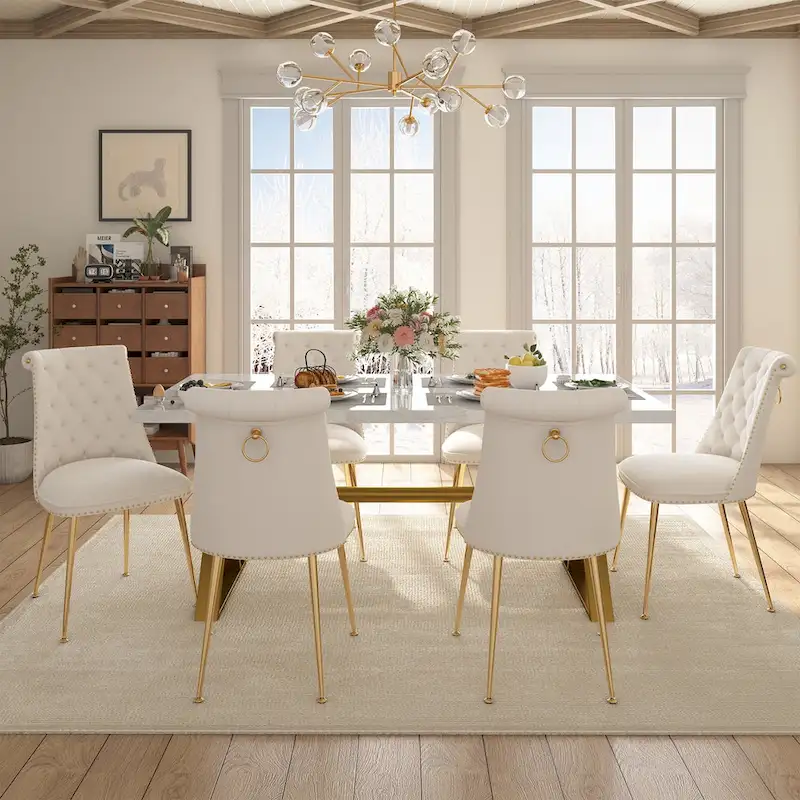7-Piece Clihome Marble Dining Table with Velvet Chair Dining Chair