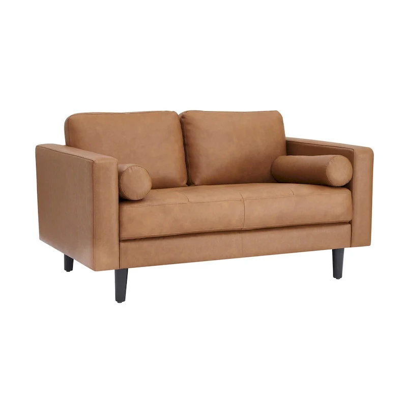 Luxury Cowhide Leather Loveseat with Firm Cushions, Spacious 2-Seat Design, and Bolster Pillows