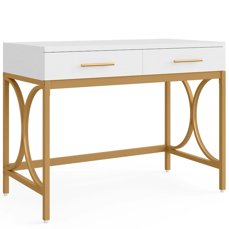 Modern Computer Writing Desk with 2 Drawers, White and Gold Home Office Desk, Makeup Vanity Table