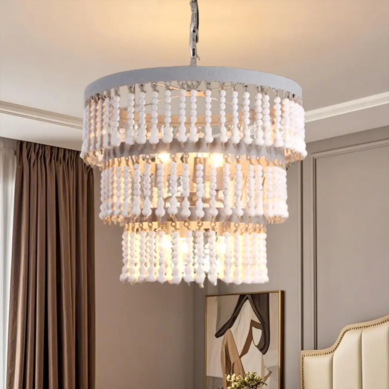 3 Tiers White Wood Beaded Chandelier with Elegant Design
