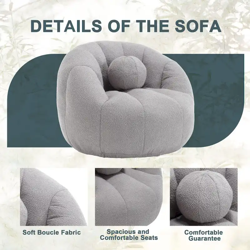 HOMEFUN Boucle Upholstered Round Lazy Cozy Bean Bag Chair With a Pillow