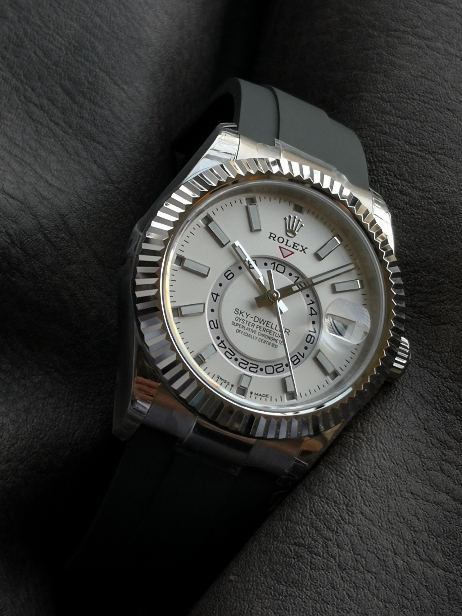 Replica Rolex Sky-Dweller white dial close-up view
