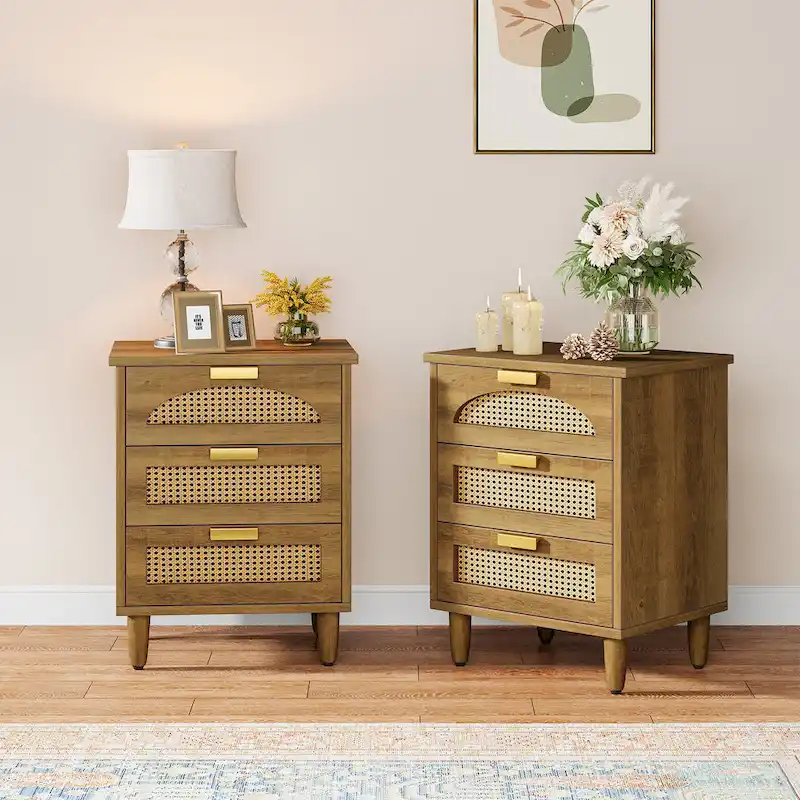 Green / Black 3-Drawer Nightstand with Rattan Accents, 1-2 Person