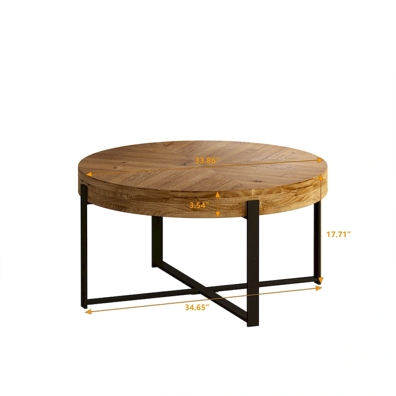 33.86  Modern Retro Splicing Wooden Round Coffee Table with Cross Legs Base