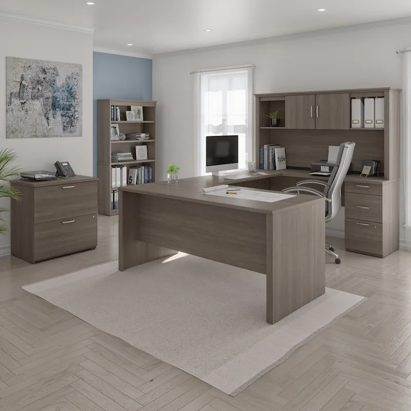66W U-Shaped Office Desk with Hutch, Lateral File Cabinet & Bookcase