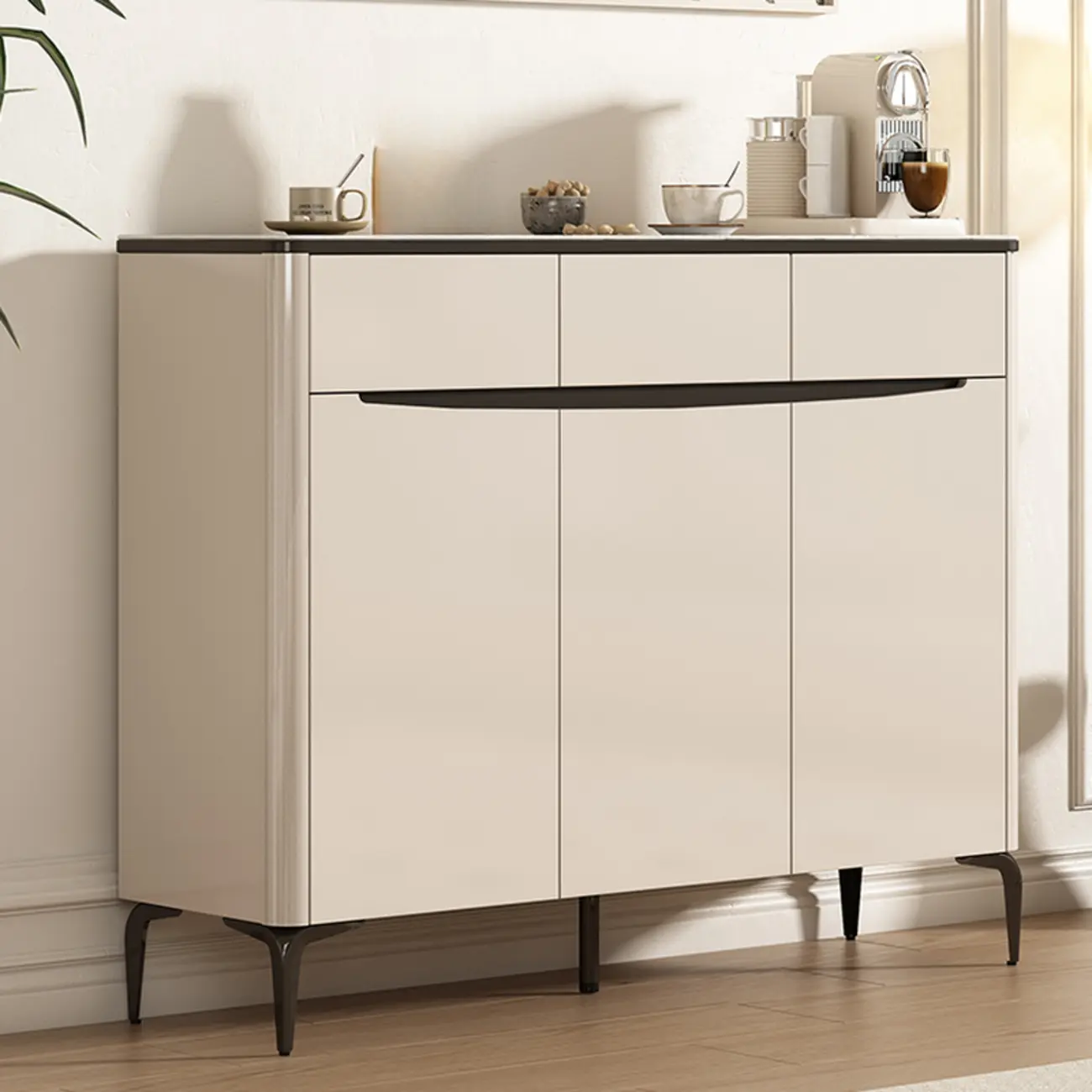 Khaki Wood Entryway Shoe Cabinet Marble Top